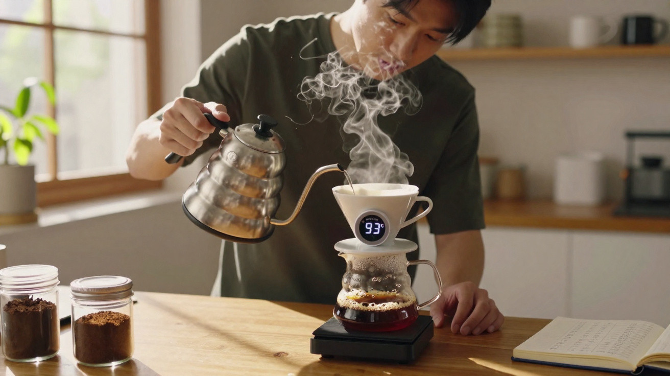 Person pouring hot water from a kettle into a coffee dripper with steam rising in a bright kitchen.
