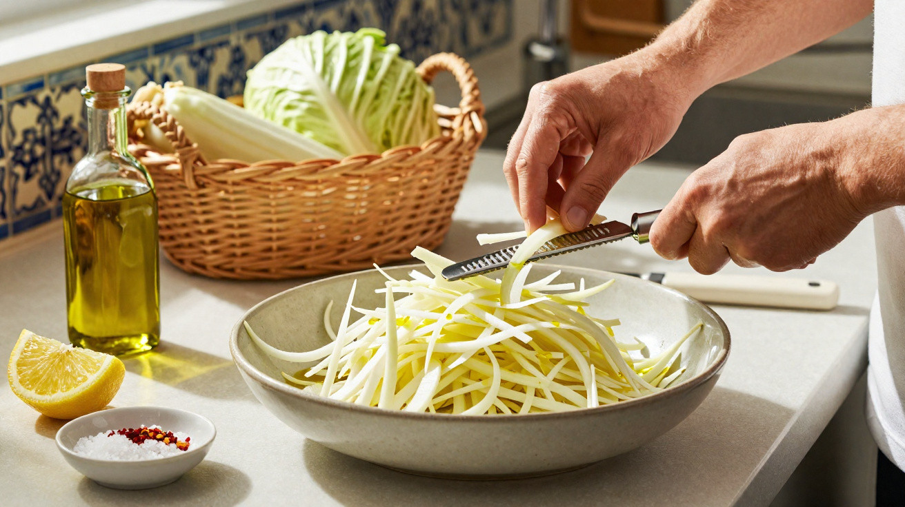 Hands grating vegetable strips into a bowl with olive oil, lemon, seasoning, and a basket of cabbage in the background.