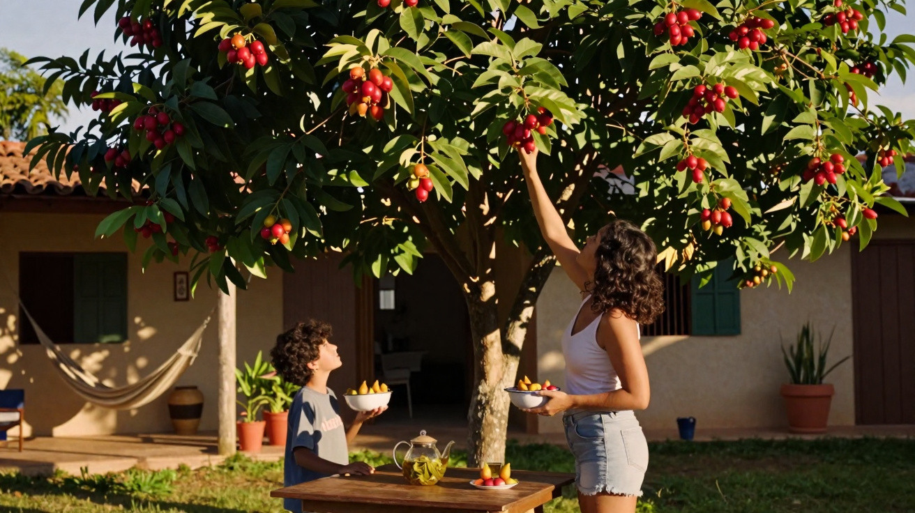Woman and child picking red fruit from a tree in a sunny garden with bowls of fruit on a wooden table.