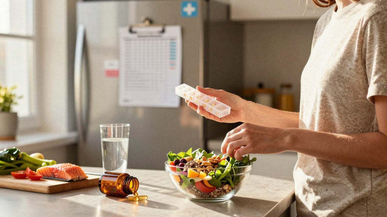 Person holding a pill organiser near a healthy salad bowl and spilled supplement bottle on a kitchen counter.