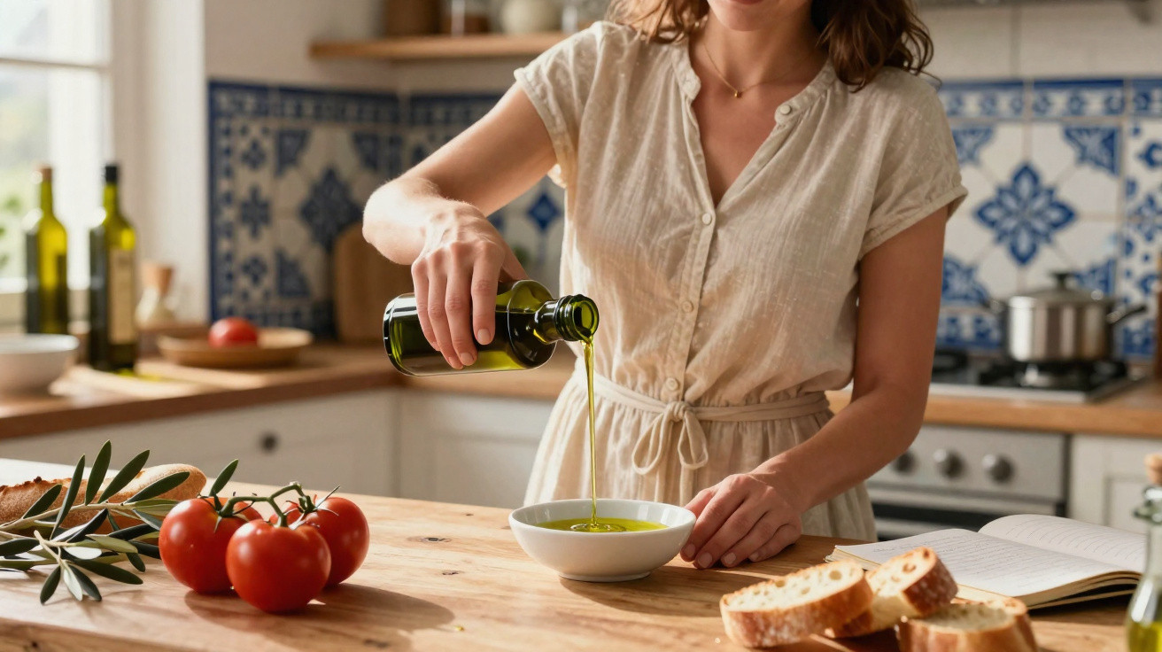 Woman in beige dress pouring olive oil into a bowl on a wooden kitchen counter with tomatoes and sliced bread.