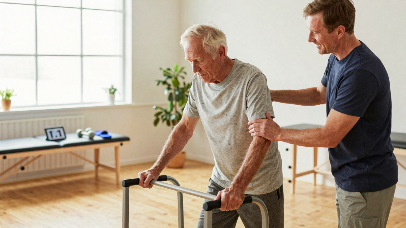 Older man using a walker assisted by a healthcare professional in a bright rehabilitation room.