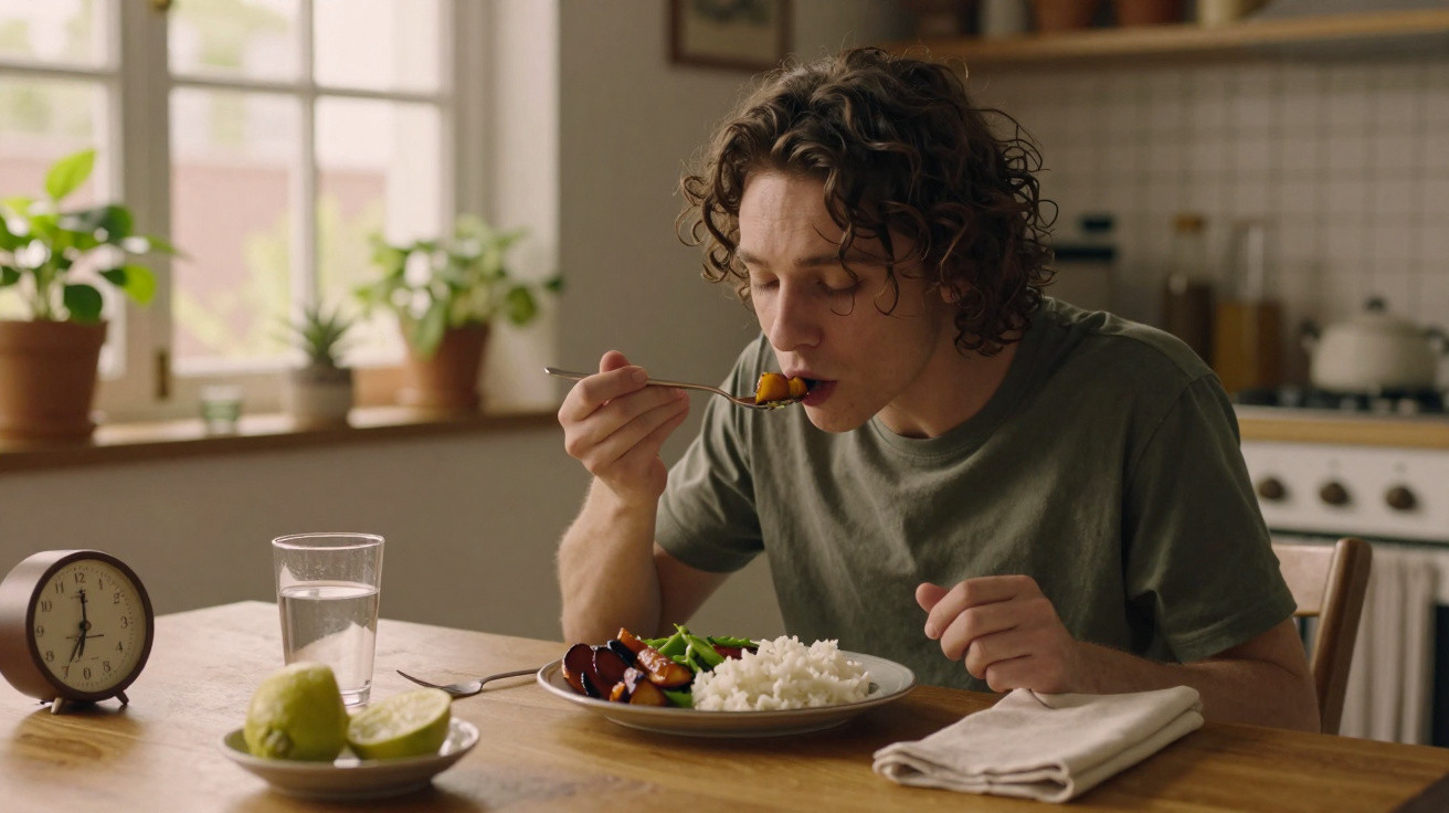 Young man eating a meal of rice and vegetables at a wooden kitchen table near a window.