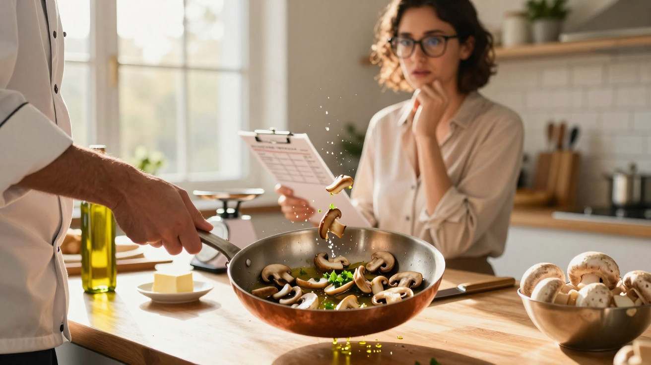 Chef tossing mushrooms in a frying pan while a woman follows a recipe on a clipboard in a bright kitchen.