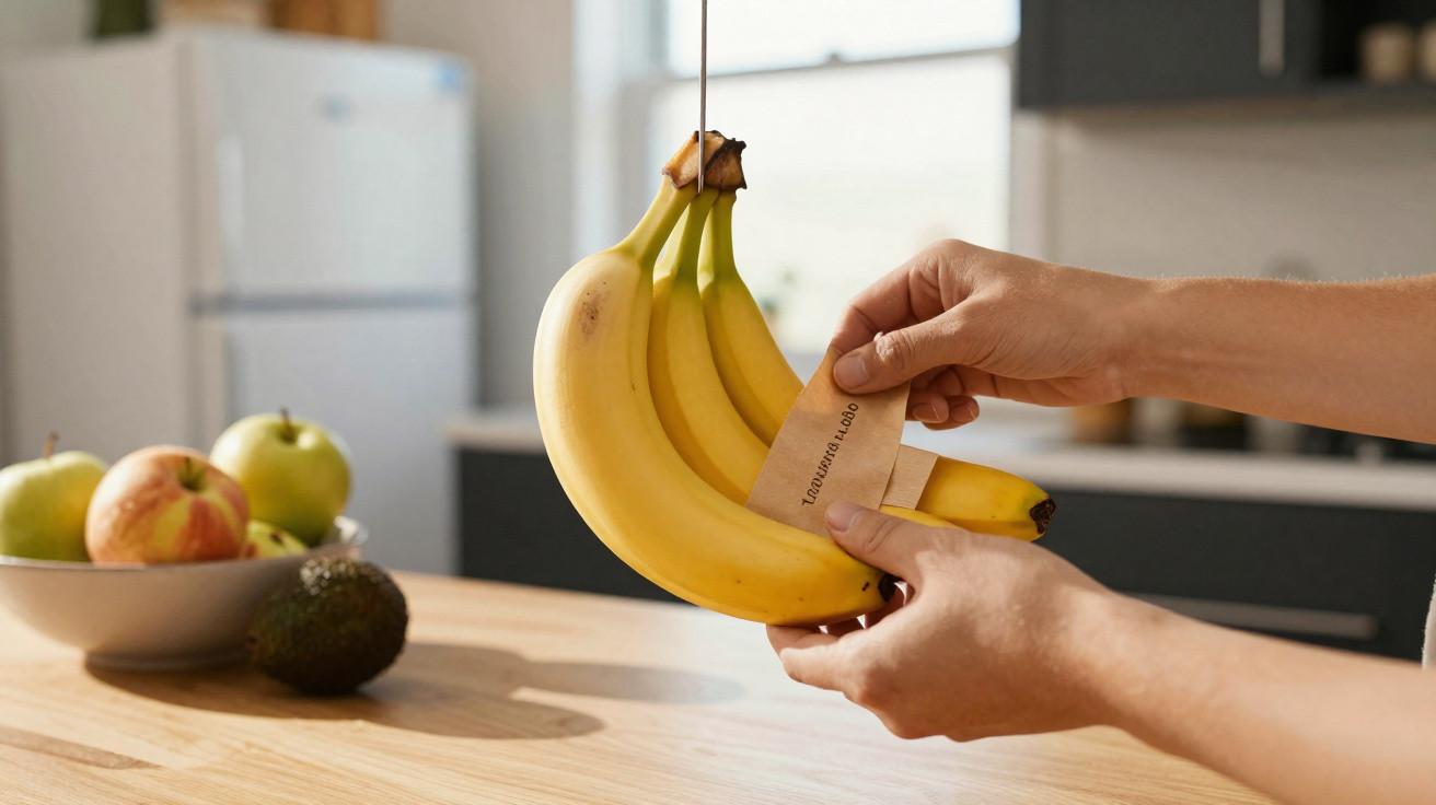 Hands placing a label on a bunch of bananas hanging in a kitchen with fruit bowl in the background.