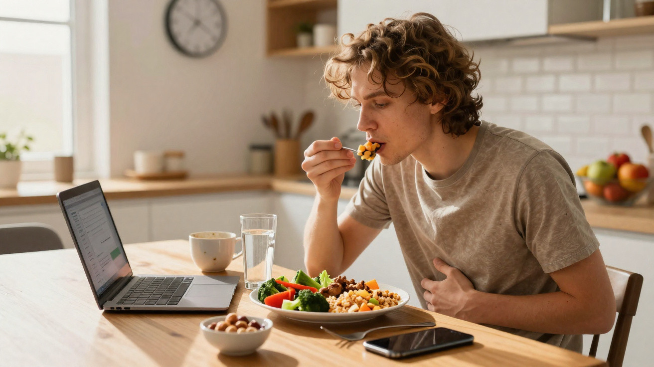Young man eating a healthy meal at a kitchen table with a laptop and smartphone nearby