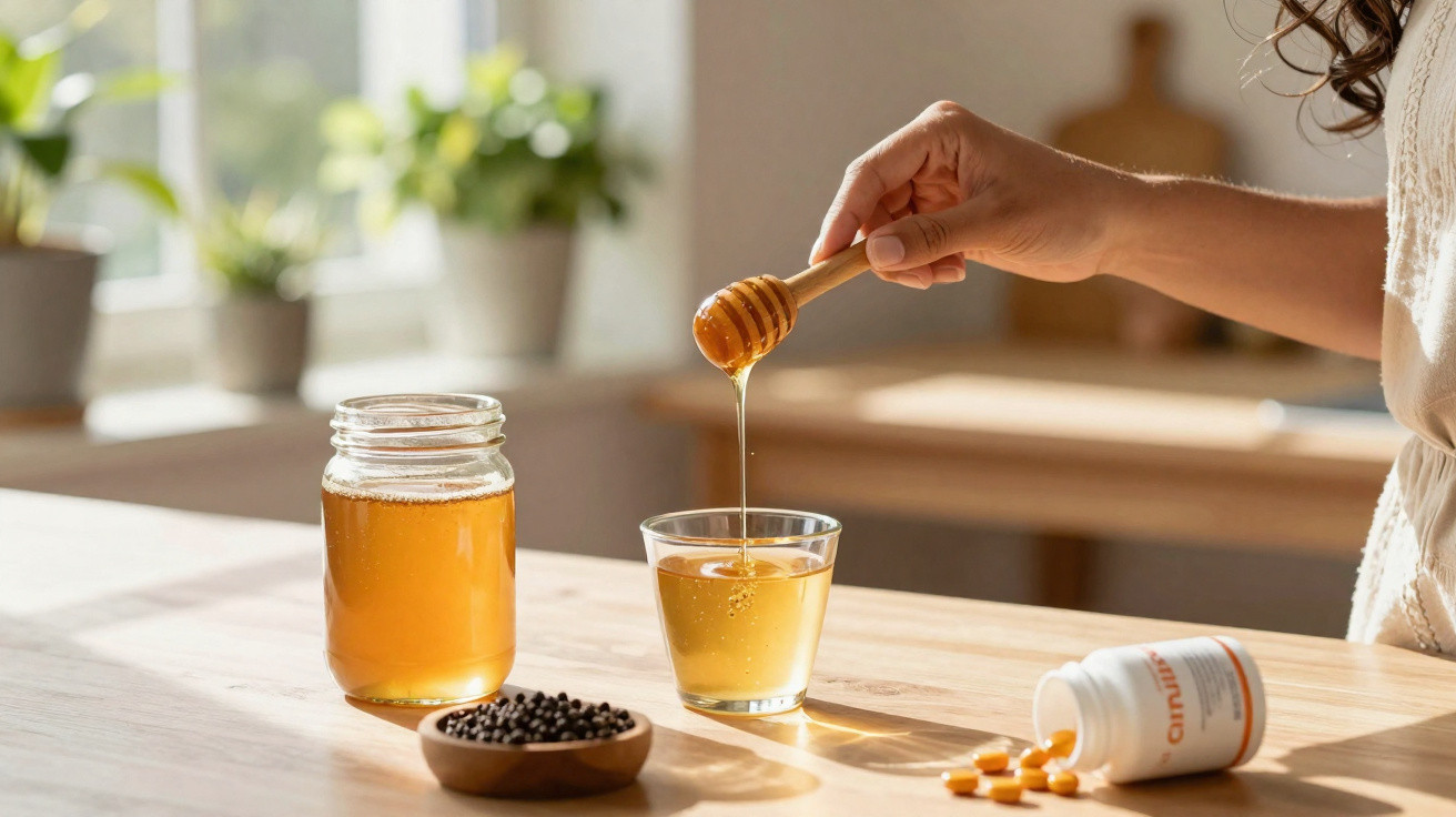 Hand pouring honey into a glass with a jar of honey, bowl of black pepper, and spilled supplement tablets nearby.