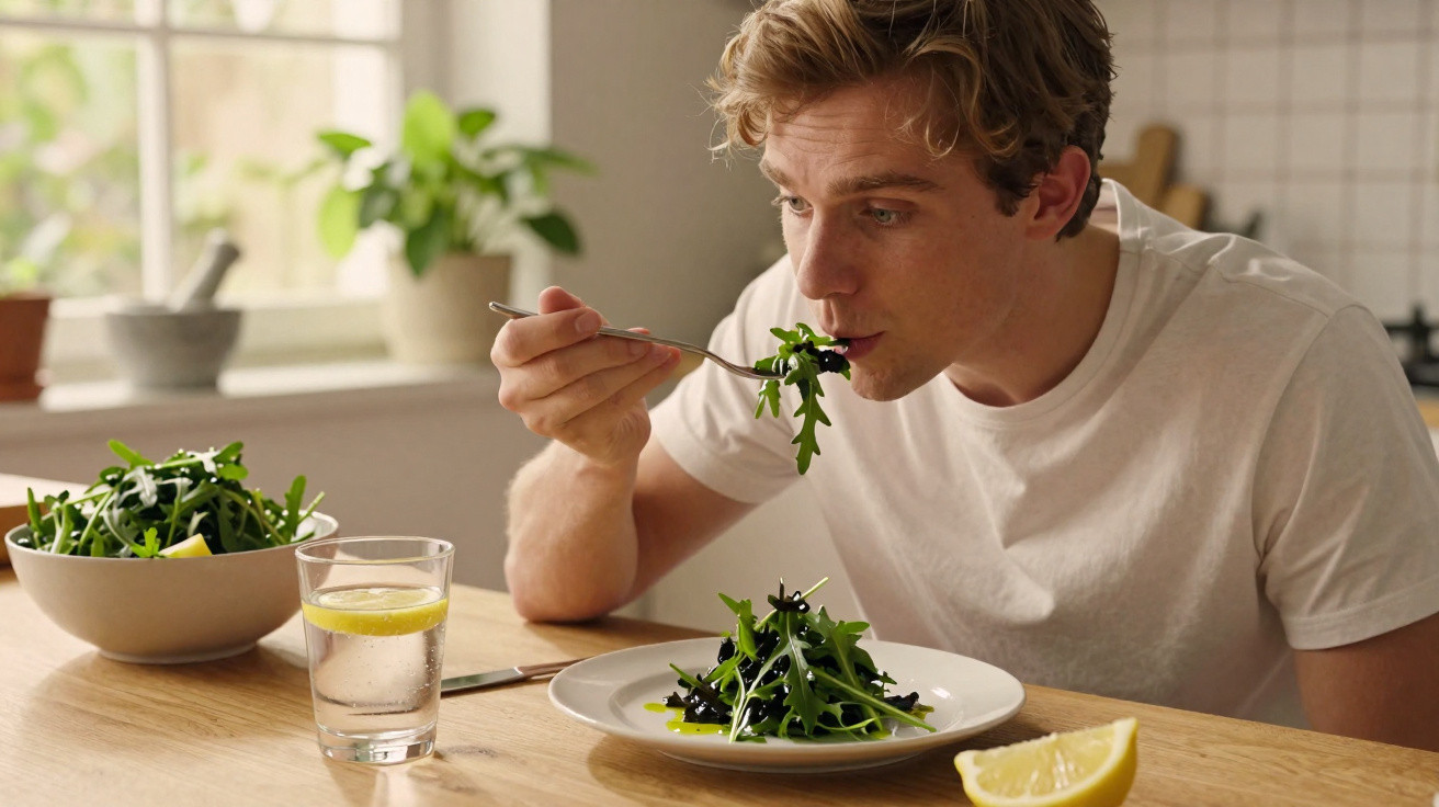 Young man in a white t-shirt eating a fresh green salad at a wooden table with lemon and a glass of water.