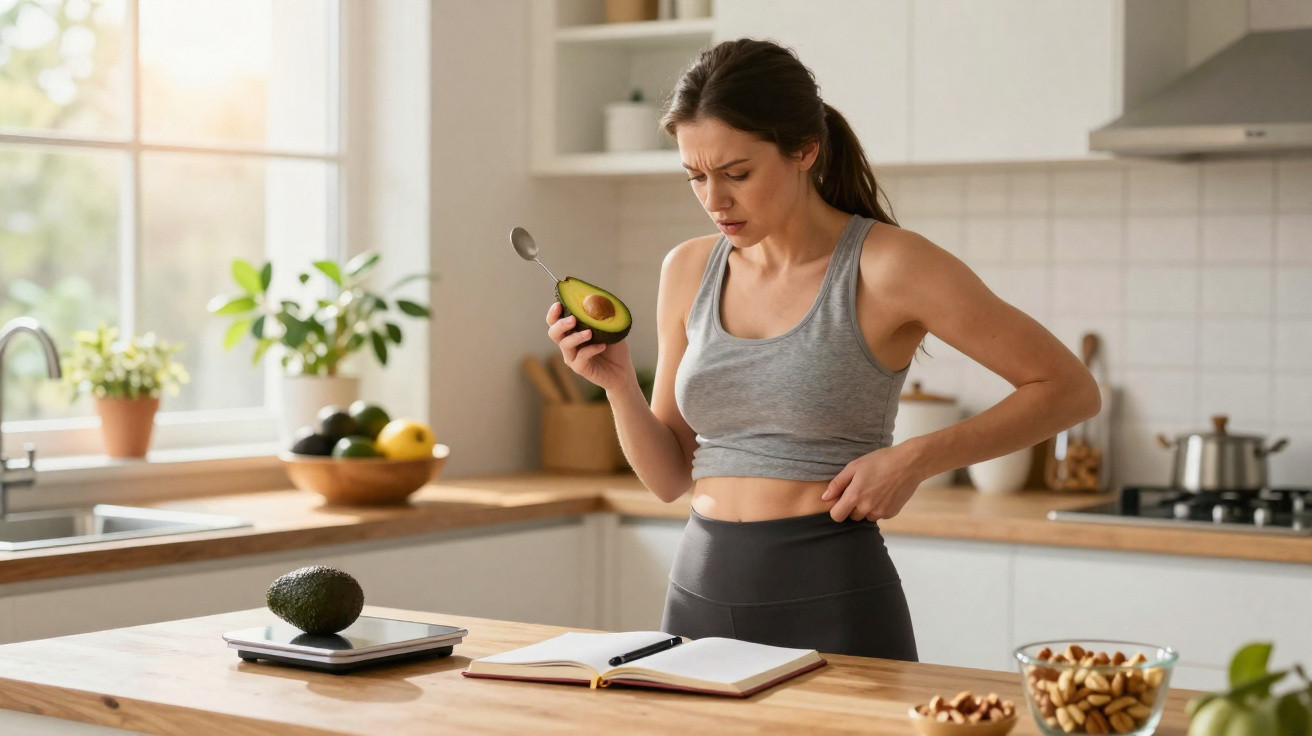 Woman in workout clothes holding avocado and checking her waist in a bright kitchen with nuts and notebook on the table.