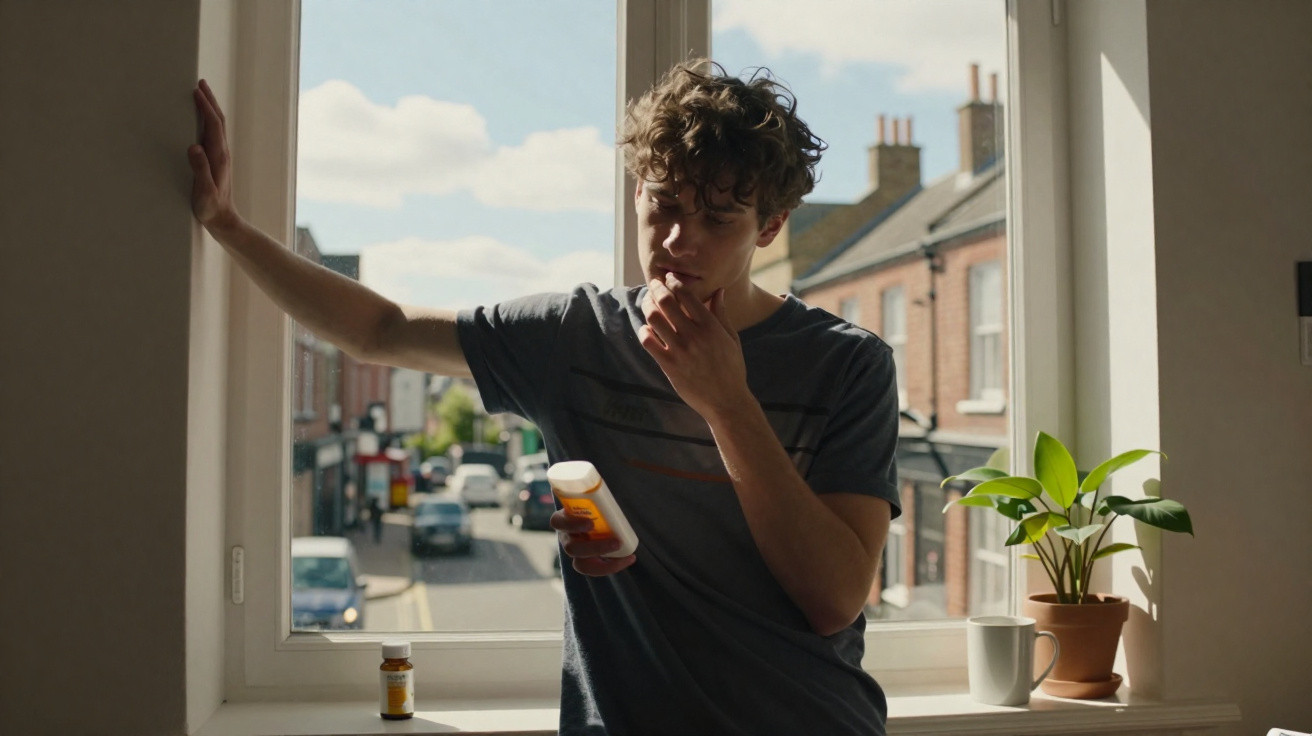 Young man reading a medication bottle beside a window with a potted plant and coffee cup on the sill.
