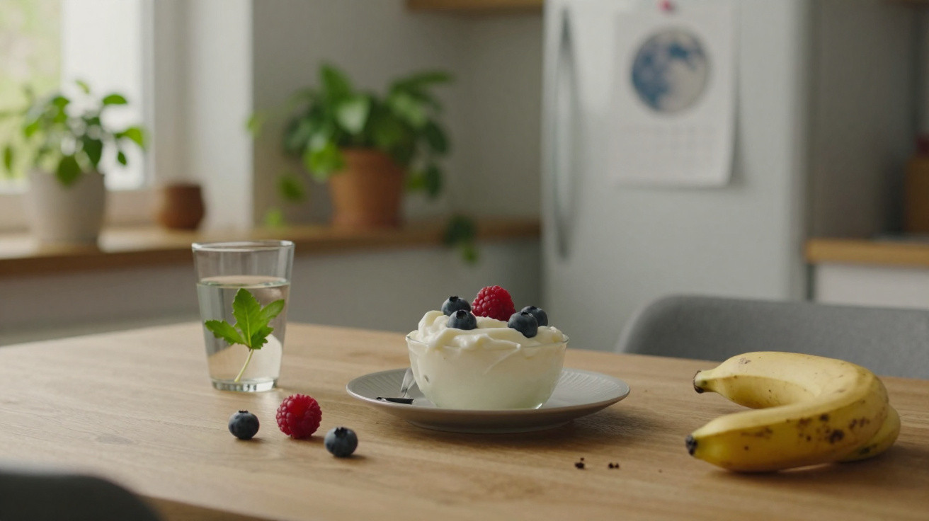 Bowl of yoghurt topped with blueberries and a raspberry beside bananas and a glass of water on a wooden table.