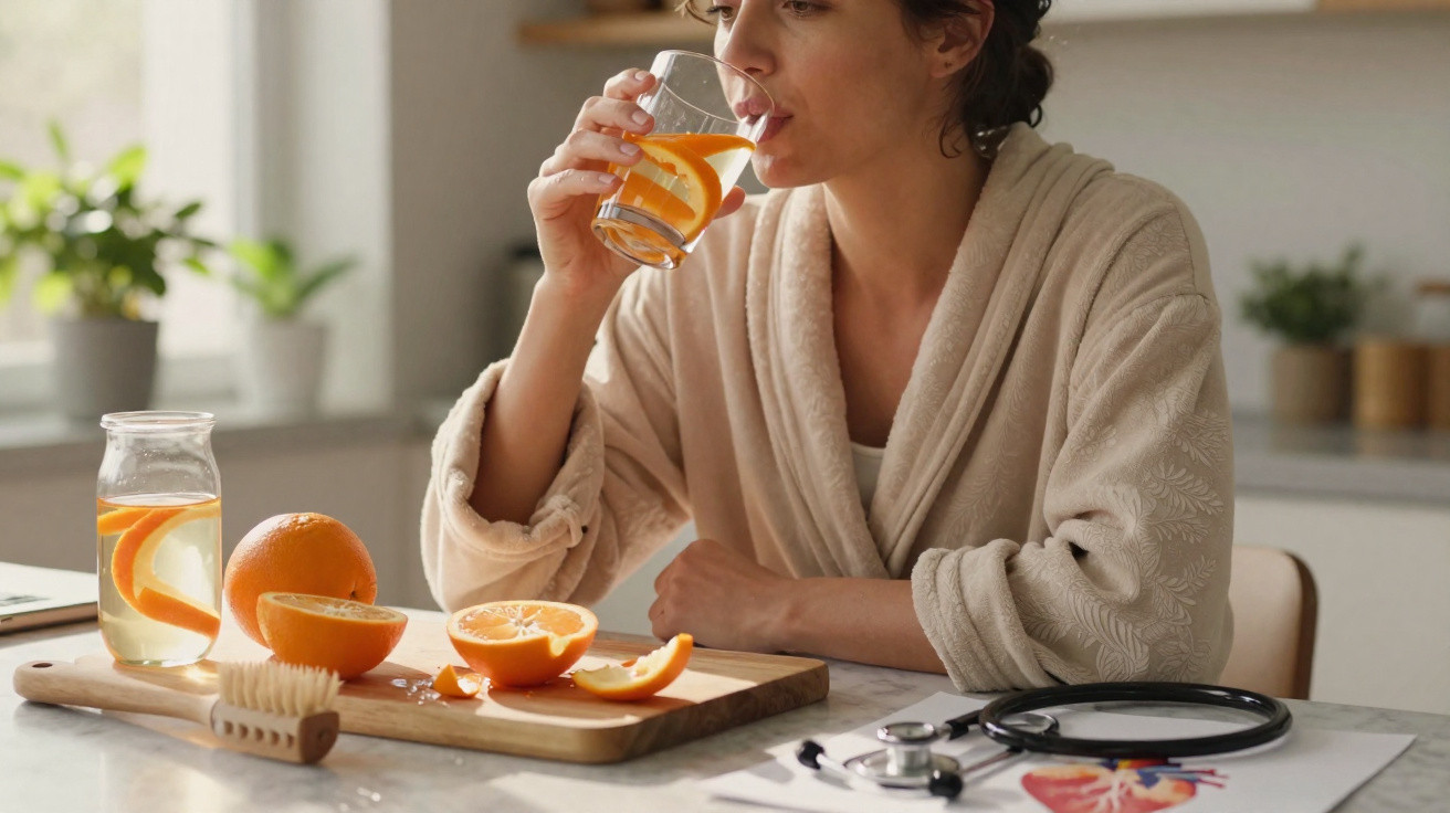Person in a robe drinking orange-infused water at a kitchen counter with sliced oranges and a stethoscope nearby.