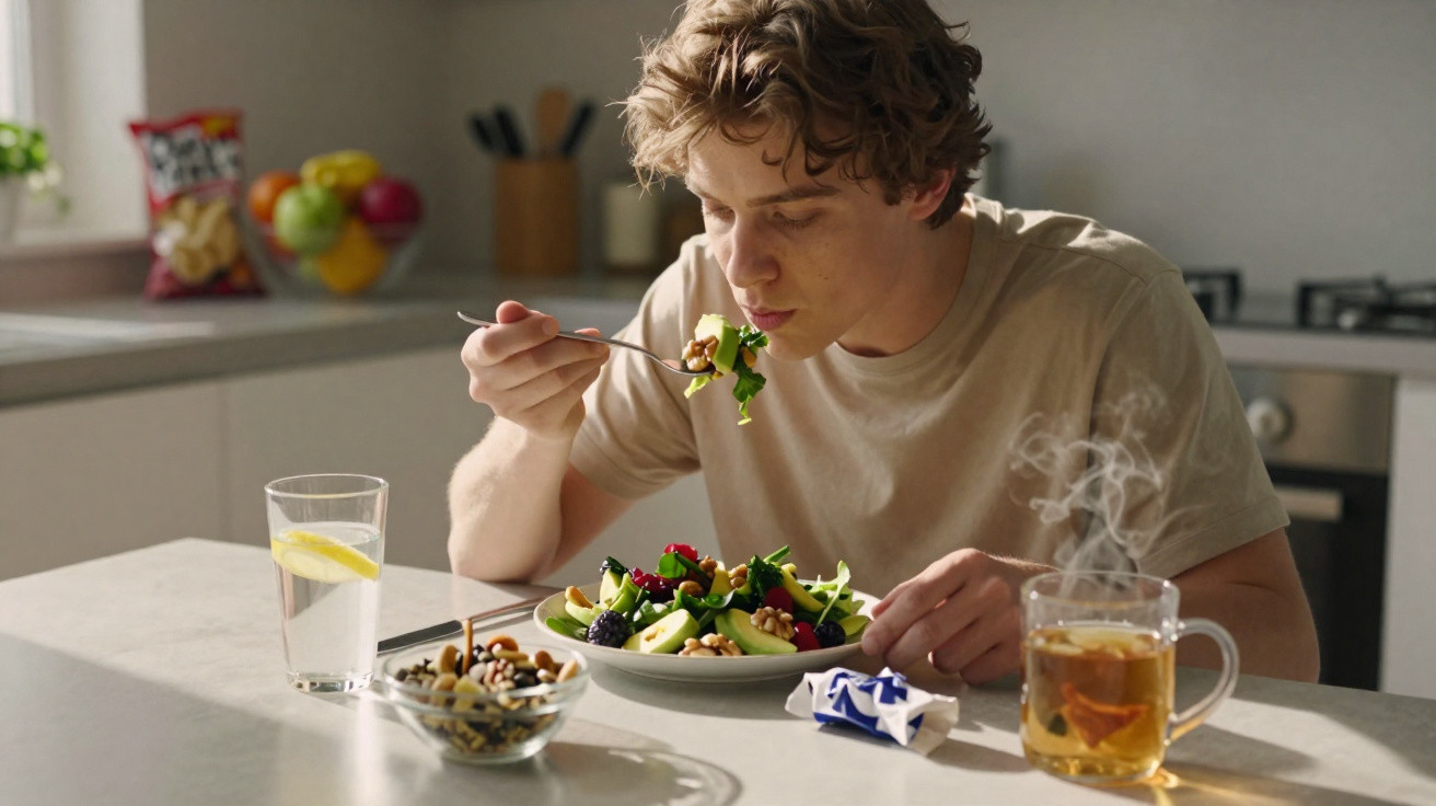 Young man eating a fresh salad at a kitchen table with a glass of lemon water and steaming herbal tea.