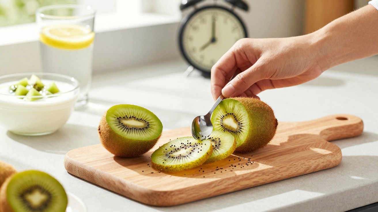 Hand scooping sliced kiwi on a wooden board with a bowl of yogurt and glass of lemon water nearby.