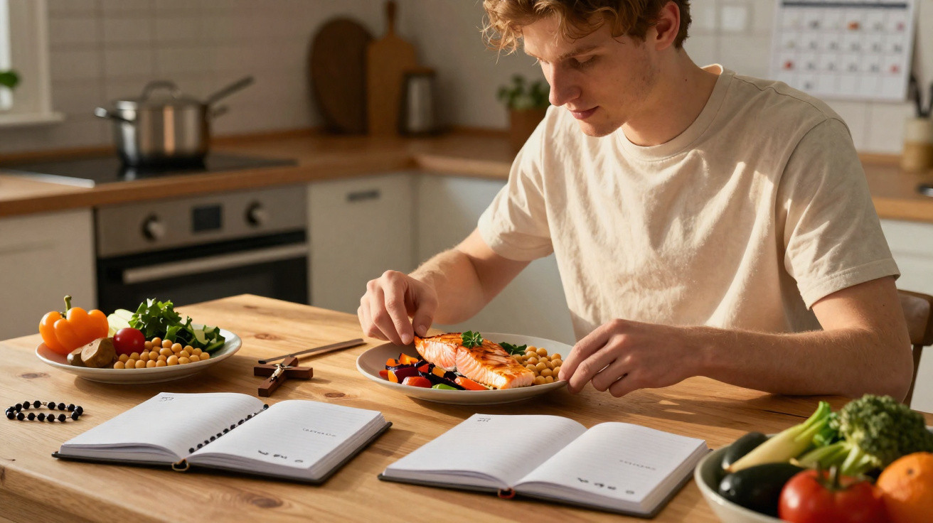 Young man seated at a wooden kitchen table preparing to eat a healthy meal with notebooks open nearby.