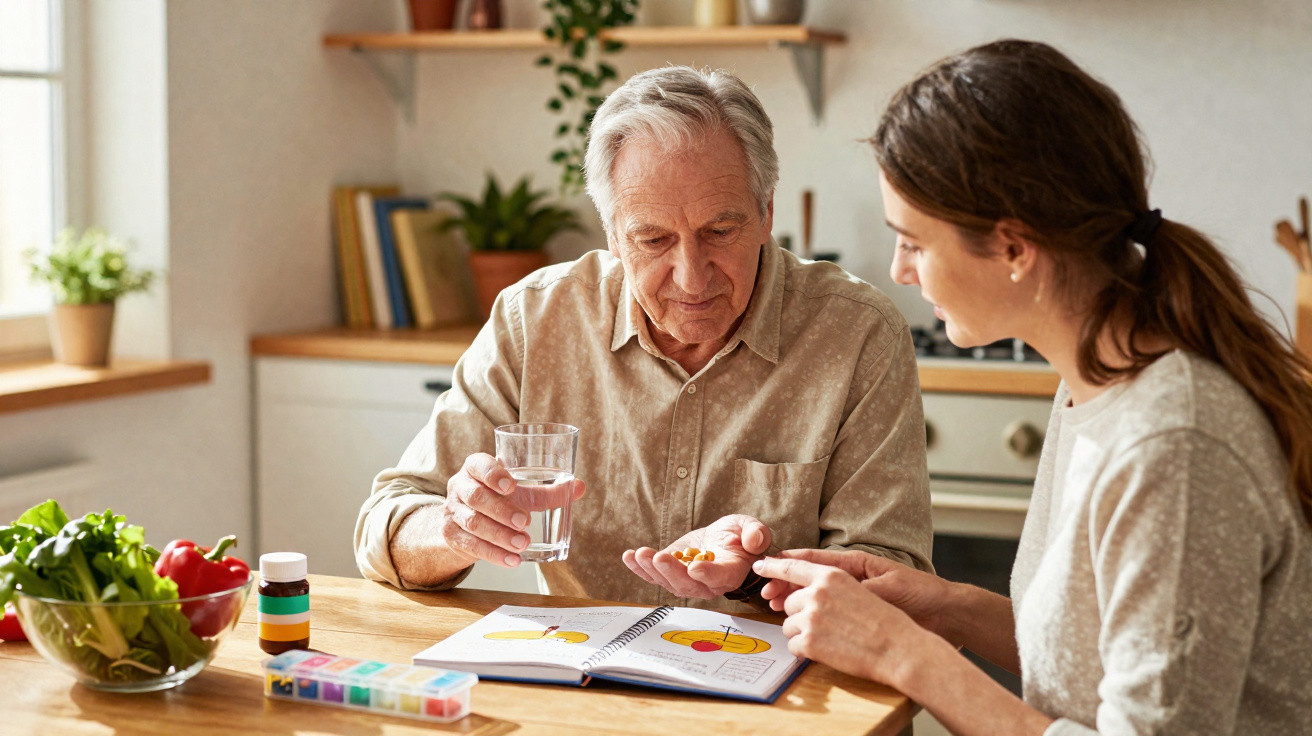 Young woman explaining medication to elderly man holding a glass of water in a kitchen.