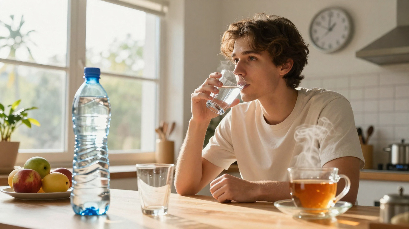 Young man drinking water at a kitchen table with a steaming cup of tea and a fruit bowl nearby.