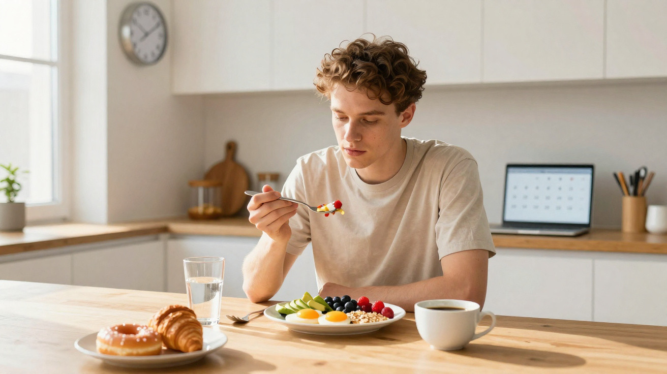 Young man eating healthy breakfast with fruit and granola in a bright modern kitchen with coffee and pastries nearby.