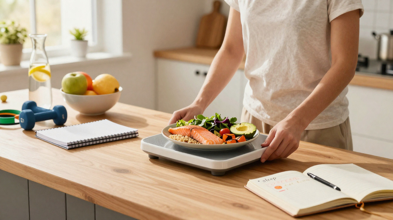 Person weighing a healthy meal with salmon, avocado, salad, and grains on a kitchen digital scale.