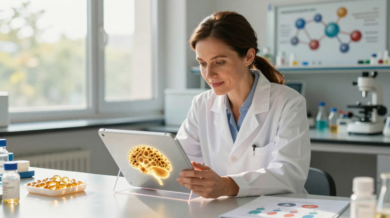 Female scientist in lab coat studying digital brain model on tablet in laboratory setting.