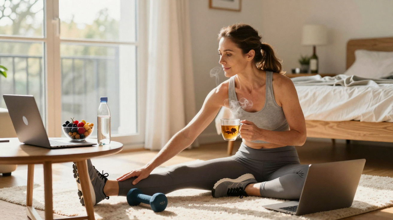 Woman in workout clothes stretching on the floor while holding a steaming cup of tea near laptops.