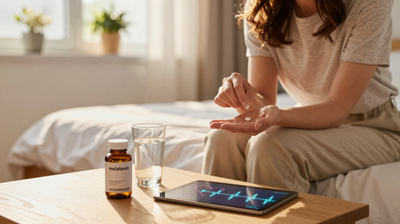 Person sitting on bed holding melatonin pills with a bottle, glass of water, and tablet displaying heart rate on table