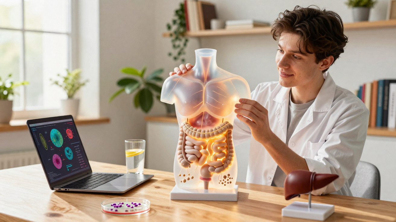 Young male scientist studying illuminated anatomical torso model with digestive system on wooden desk.