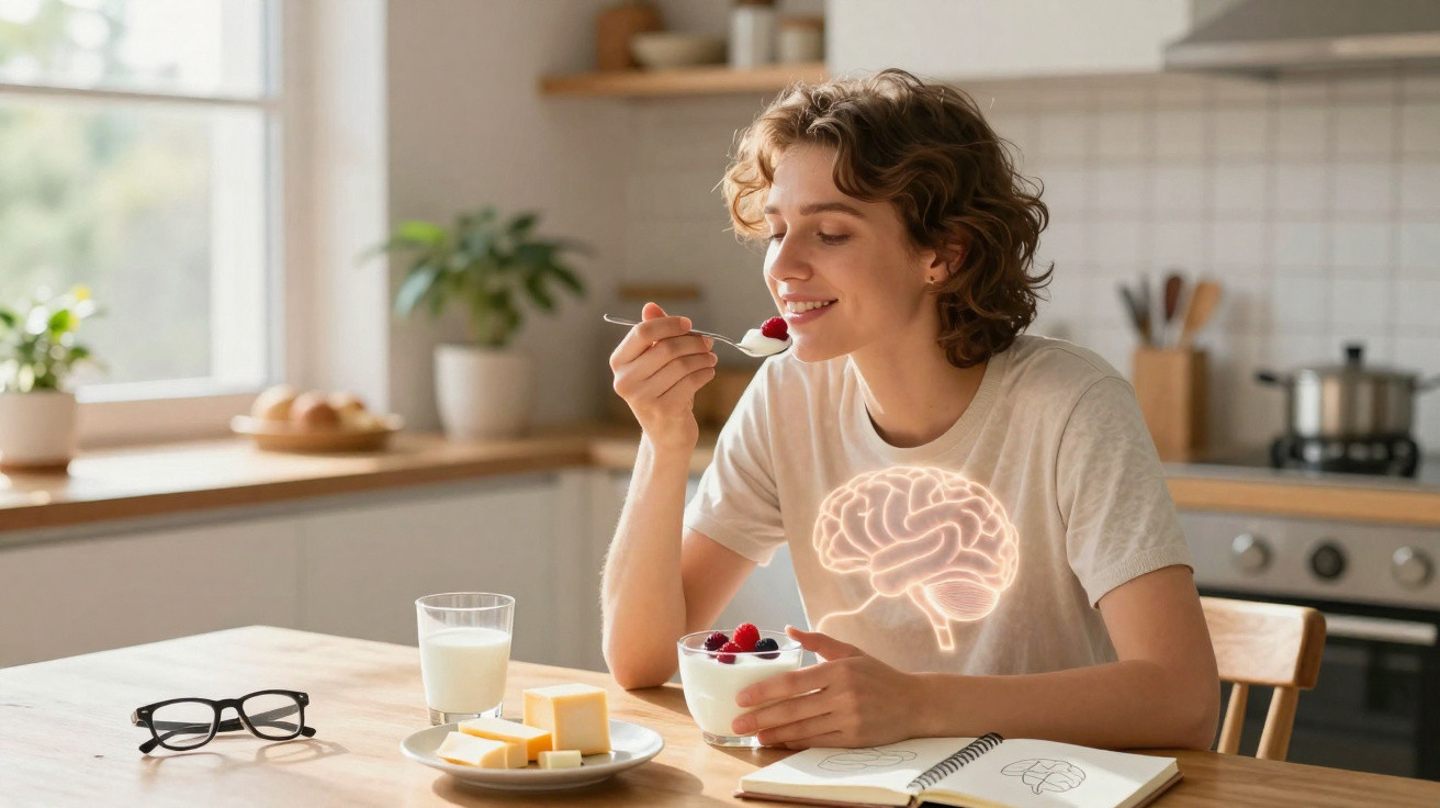 Young woman eating berries and yogurt at kitchen table with sketch of brain glowing on her t-shirt.