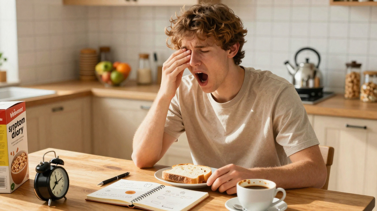 Tired young man yawning at kitchen table with breakfast, notebook, alarm clock, and coffee cup.
