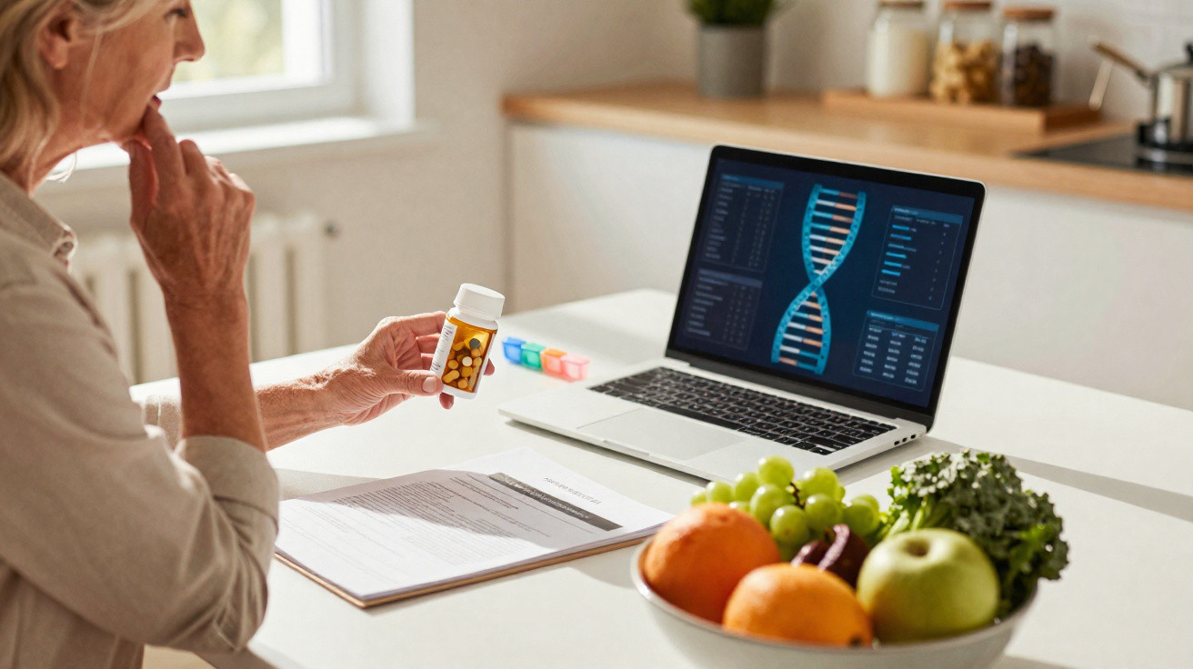 Woman examining a pill bottle while viewing DNA data on a laptop at a kitchen table with fruit bowl nearby.