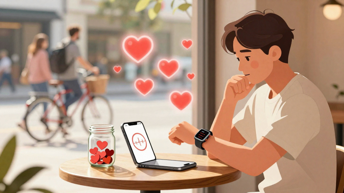 Young man at cafe table looking at smartwatch, with laptop showing heartbeats and floating heart icons nearby.