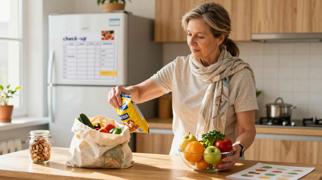 Middle-aged woman unpacking groceries in a bright kitchen with fresh vegetables on the table