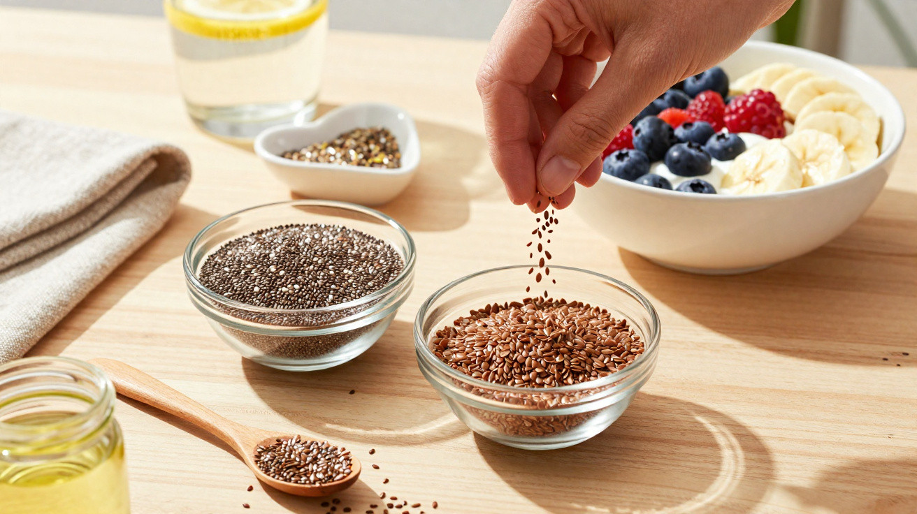Hand sprinkling flaxseeds into a glass bowl on a wooden table with chia seeds, fruit bowl, and glass of lemon water nearby.