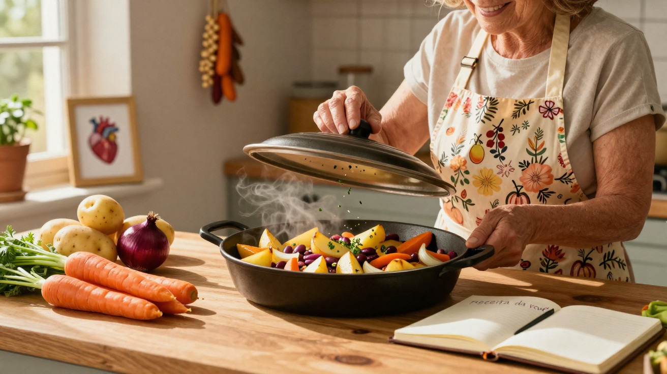 Older woman lifting lid off steaming pot of cooked vegetables on wooden kitchen counter with ingredients nearby