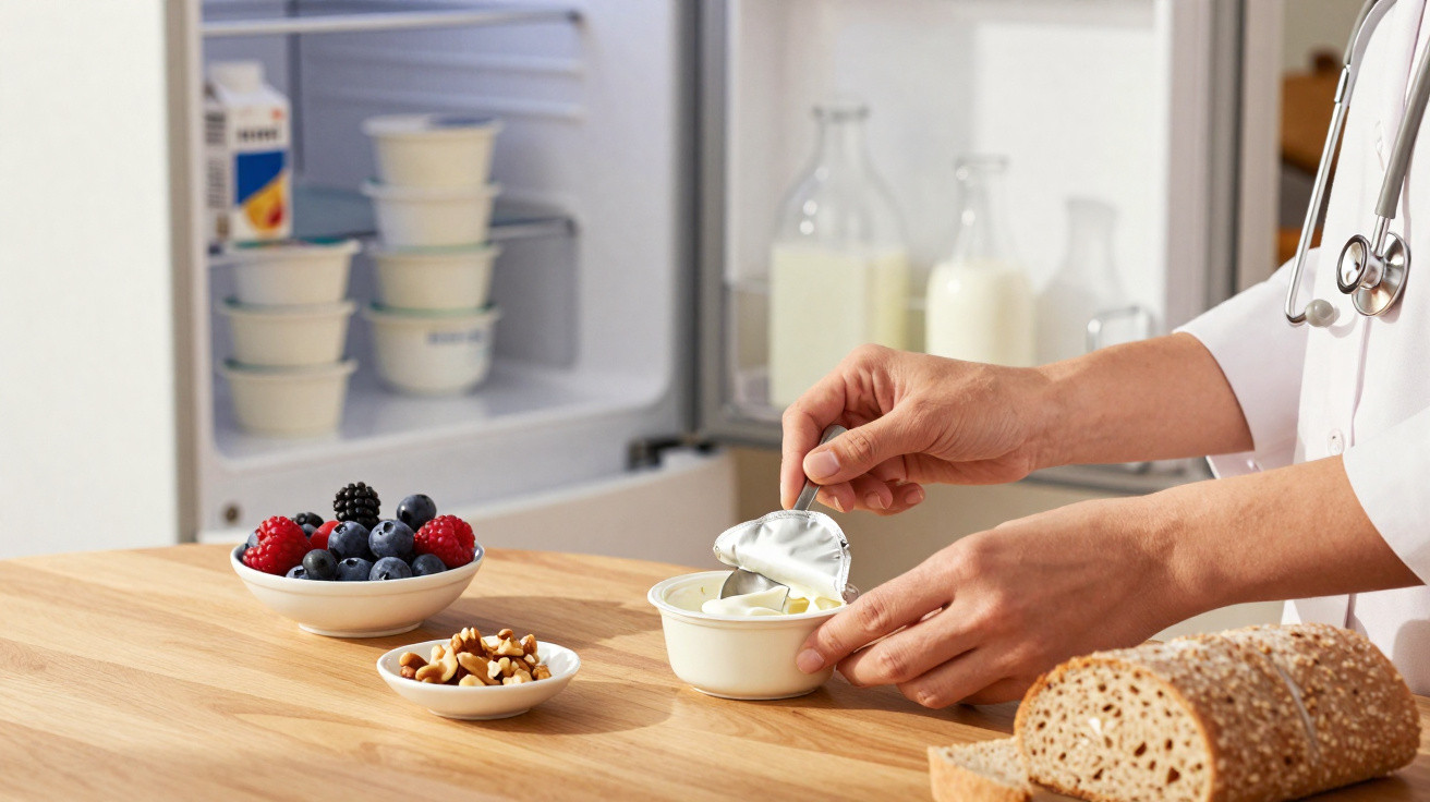 Person with a stethoscope opening a yoghurt pot on a kitchen table with berries, nuts, milk, and bread nearby.