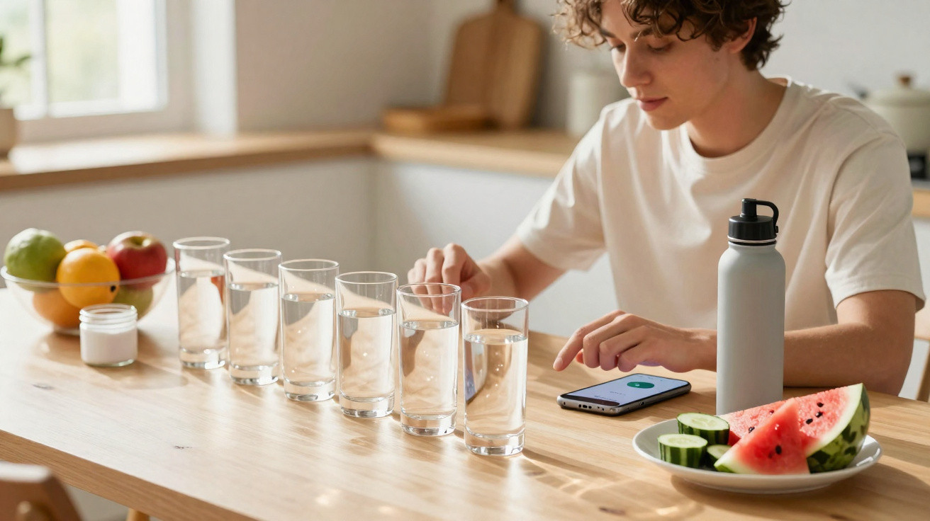 Young person sitting at a table with seven glasses of water, a smartphone, a water bottle, and fruit on plates.