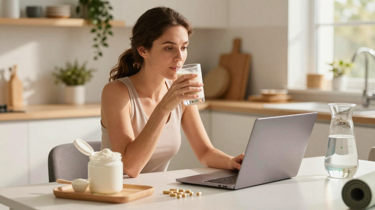 Woman drinking a glass of milk while using a laptop in a bright modern kitchen.