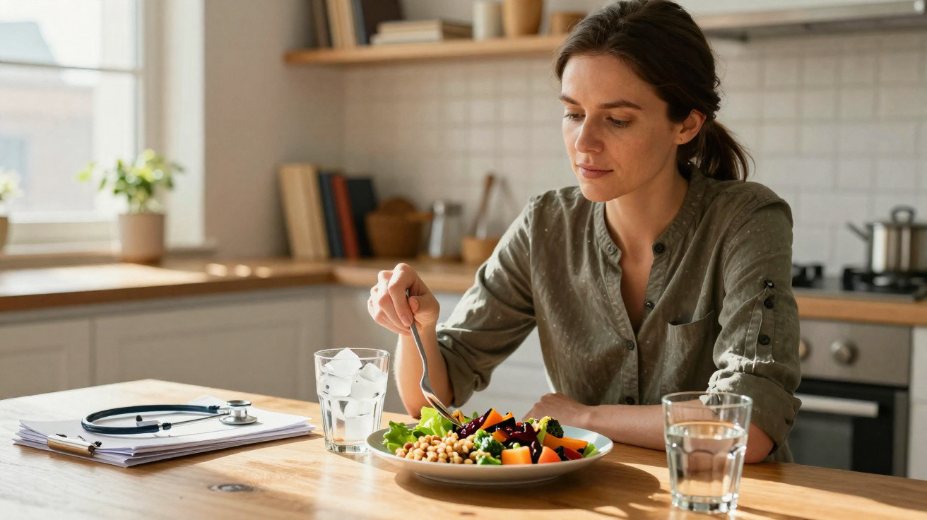 Woman eating a healthy salad with vegetables and chickpeas at a kitchen table with two glasses of water.
