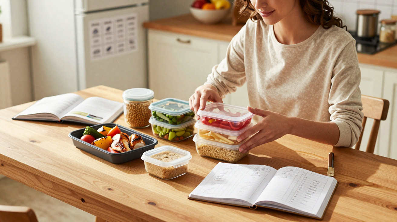 Woman organising meal prep containers with vegetables and grains on a wooden kitchen table with open notebooks.