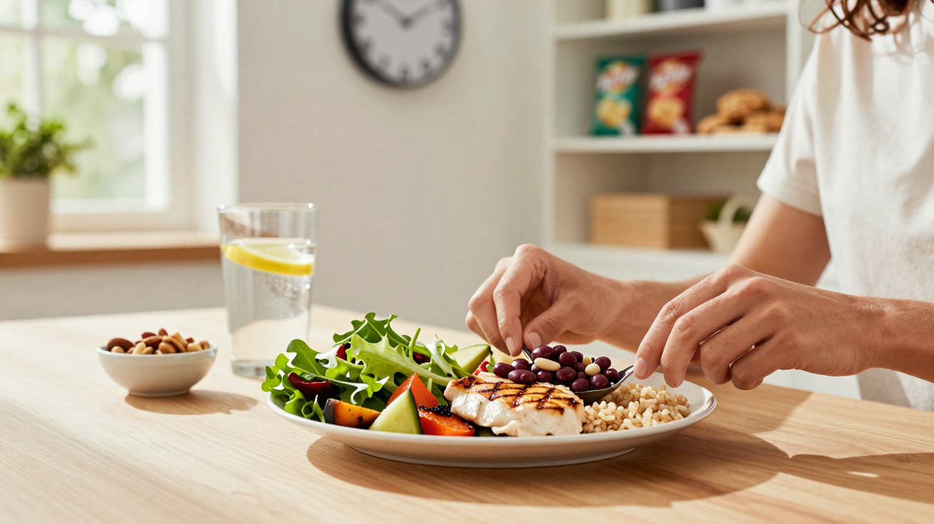 Person eating healthy meal with grilled chicken, salad, beans, and brown rice at a wooden table.