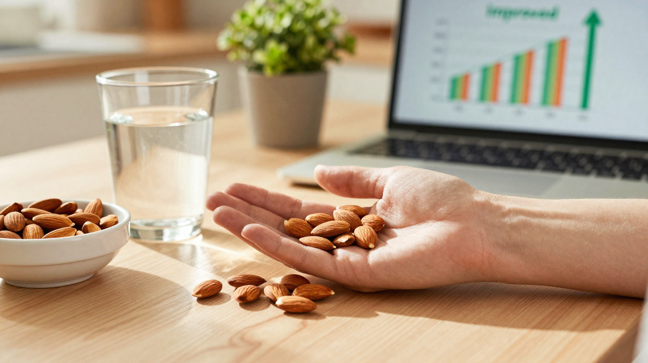 Hand holding almonds on a desk with a bowl of almonds, glass of water, and laptop in the background.