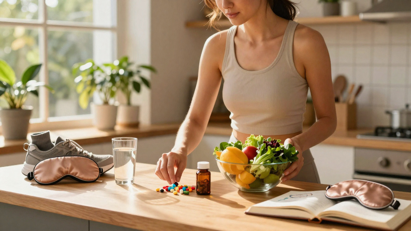 Woman in a kitchen holding a bowl of fresh vegetables and picking up colourful pills from a wooden countertop.