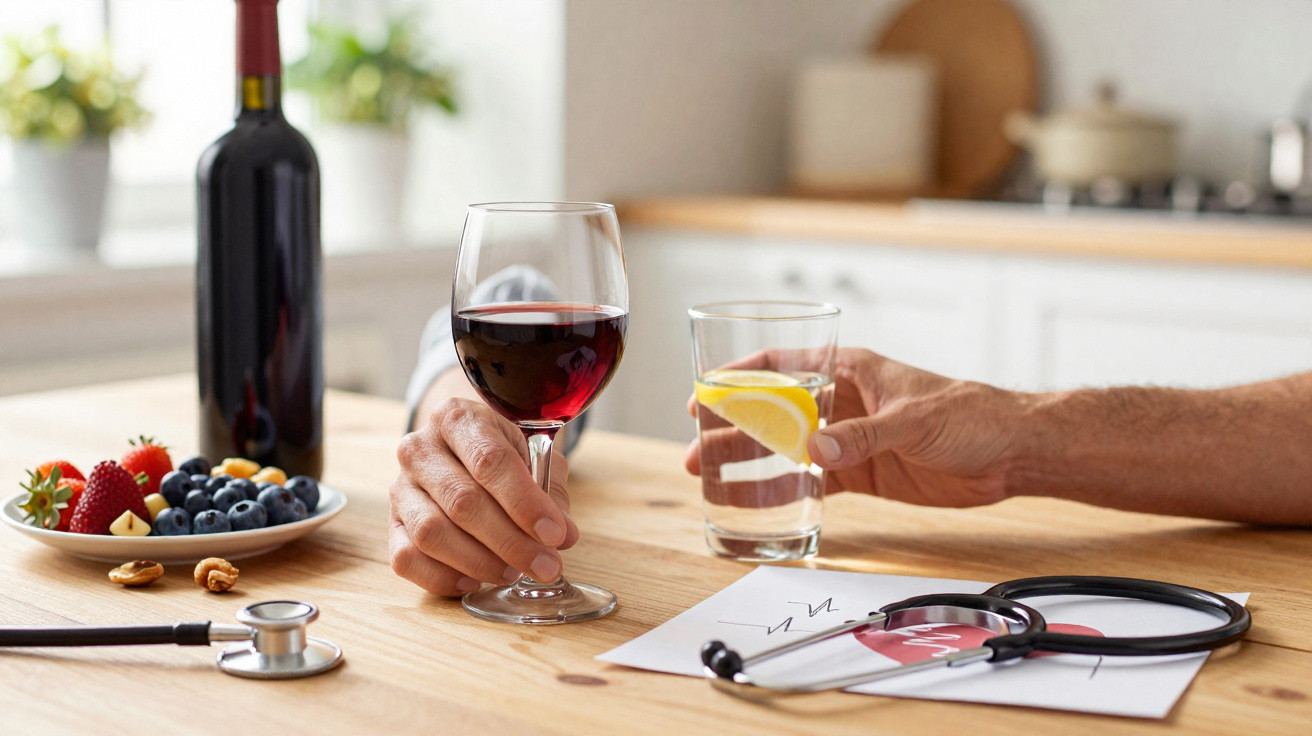 Hands holding a glass of red wine and a glass of lemon water on a table with fruit, stethoscope, and heart drawing.