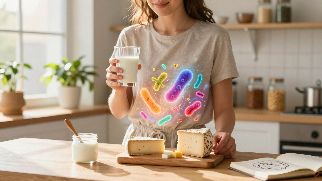 Woman holding a glass of milk with colourful illustrated probiotics hovering over cheese and a jar on a kitchen counter