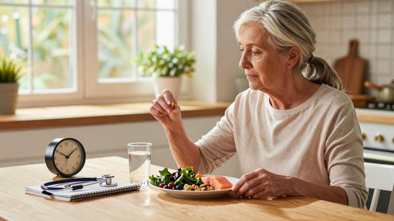 Elderly woman sitting at a kitchen table taking a pill with a glass of water and a healthy meal.
