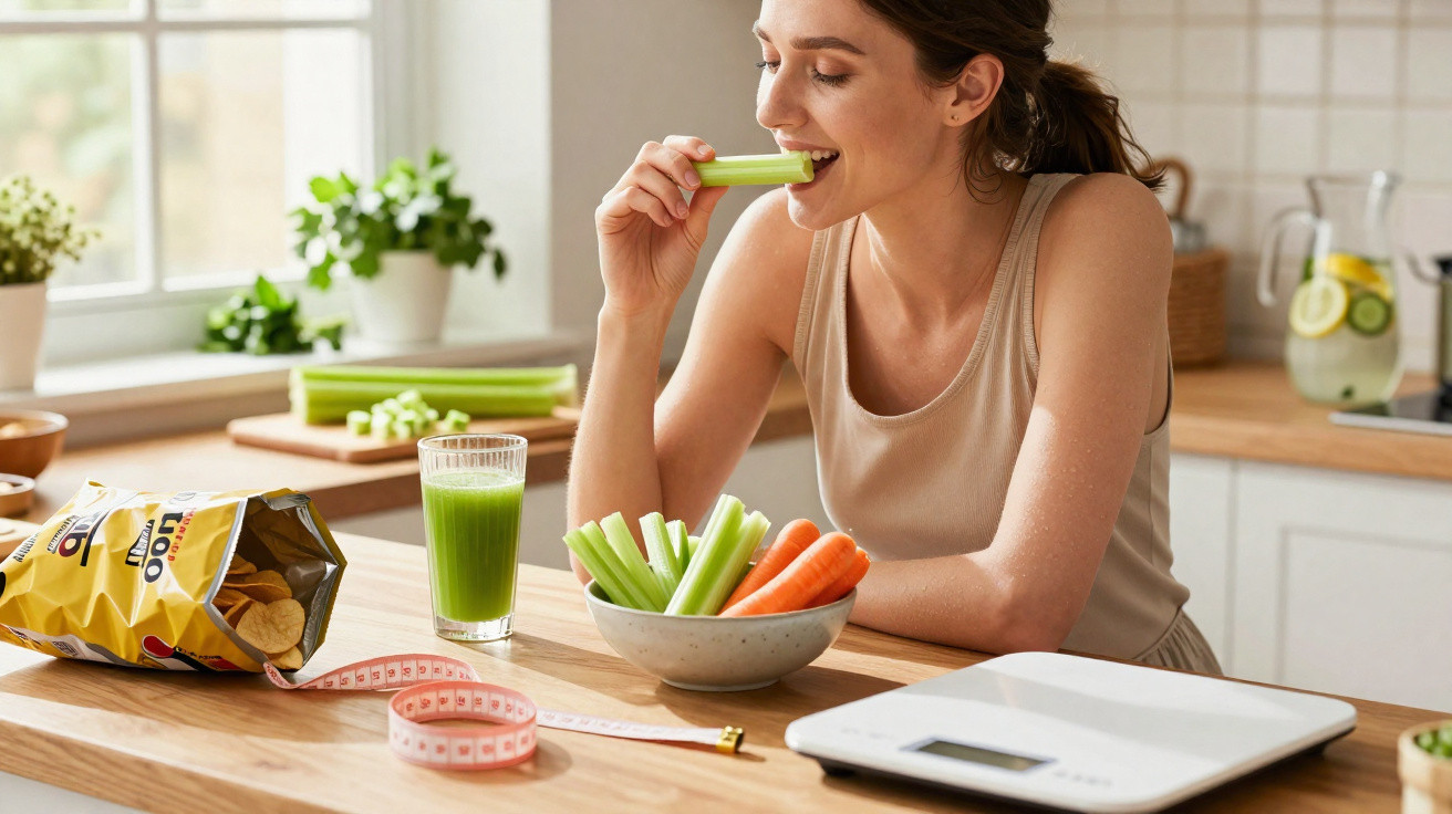 Woman eating celery from a bowl of vegetables in a kitchen with a glass of green juice nearby.