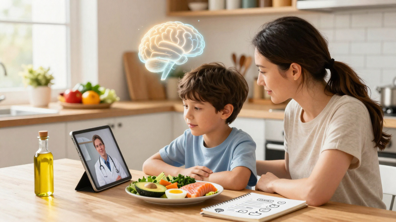 Mother and son video calling a doctor about brain health, sitting at a kitchen table with healthy food.
