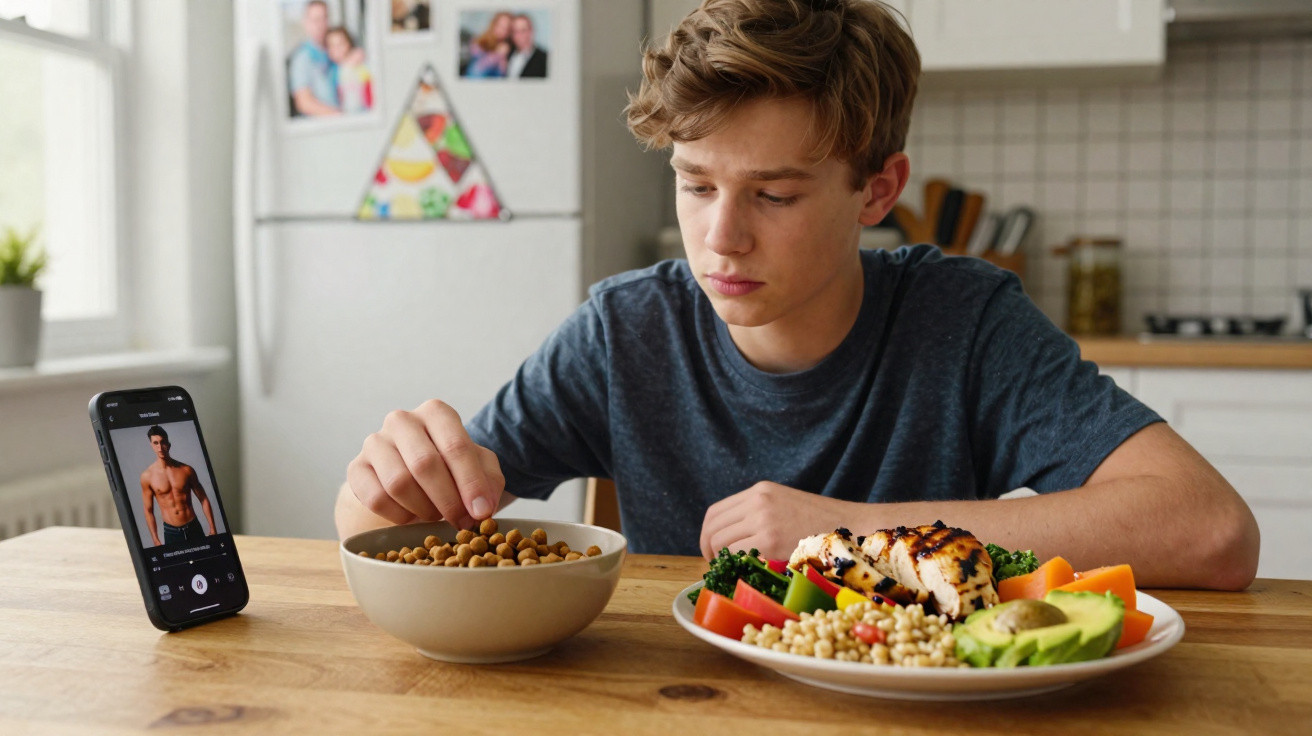Teenage boy eating healthy meal while watching fitness video on smartphone in kitchen at home.