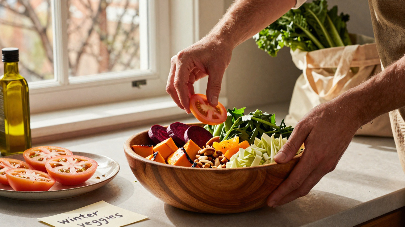 Hands placing a tomato slice into a wooden bowl filled with fresh winter vegetables and greens on a kitchen counter.