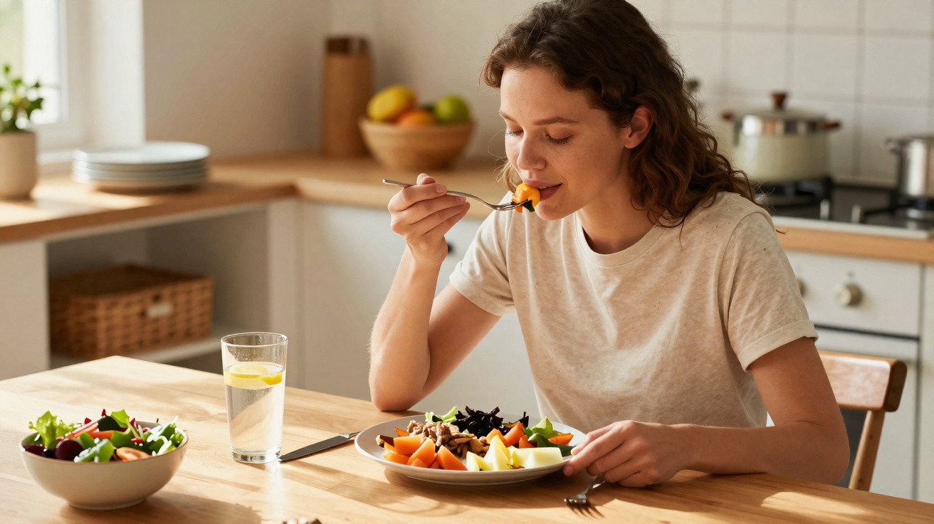 Woman in a white t-shirt enjoying a healthy meal at a wooden kitchen table with fruit and a glass of water.